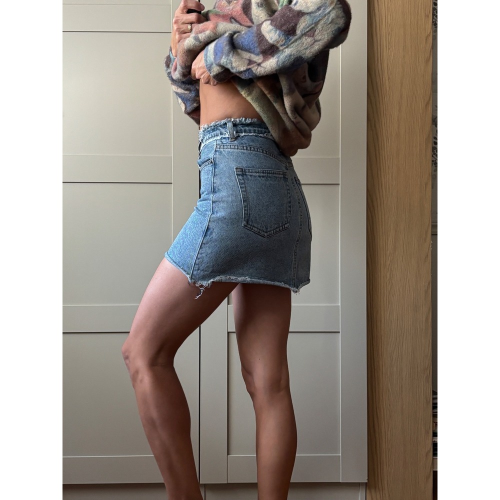 Showpo Denim Mini Micro Skirt Frayed Raw Hem High Waisted Skater Grunge Y2K Sz 2